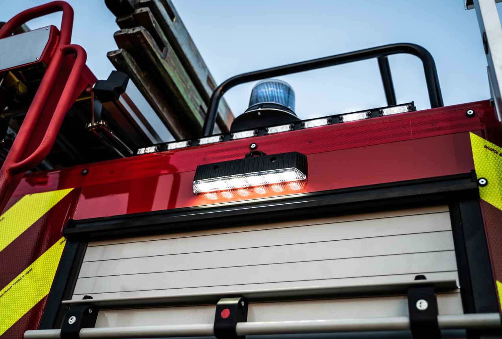 Impact DR high profile beacon and arrowbar on fire and rescue vehicle