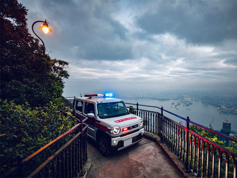Patrol vehicle with blue and red lightbar