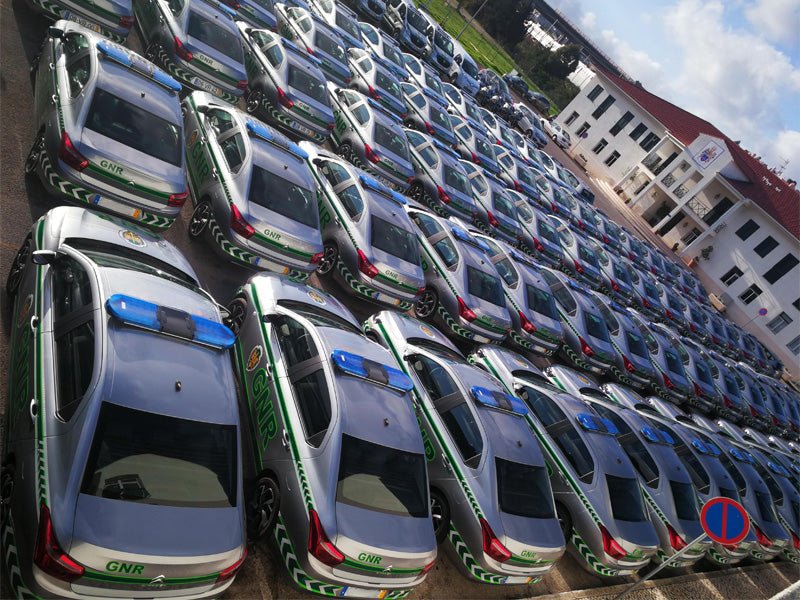 Fleet of police cars with blue Haztec lightbars