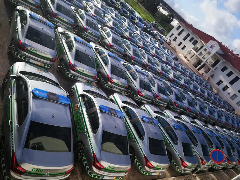 Fleet of police cars with blue Haztec lightbars