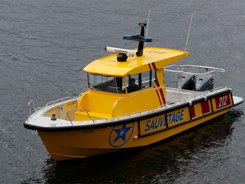 Rescue boat with blue lightbar